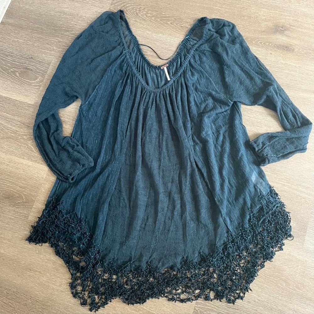 Free People Teal Long Sleeve Gauzy Slip Away Pullover Mini Dress XS